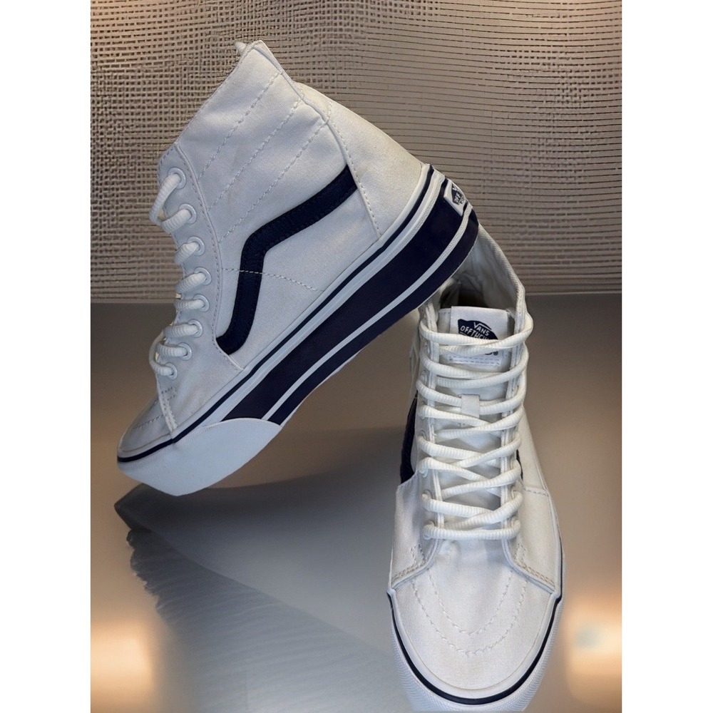 VANS Sk8-Hi Tapered Sport Platform Shoes White Canvas Navy Women 9 Men 7.5